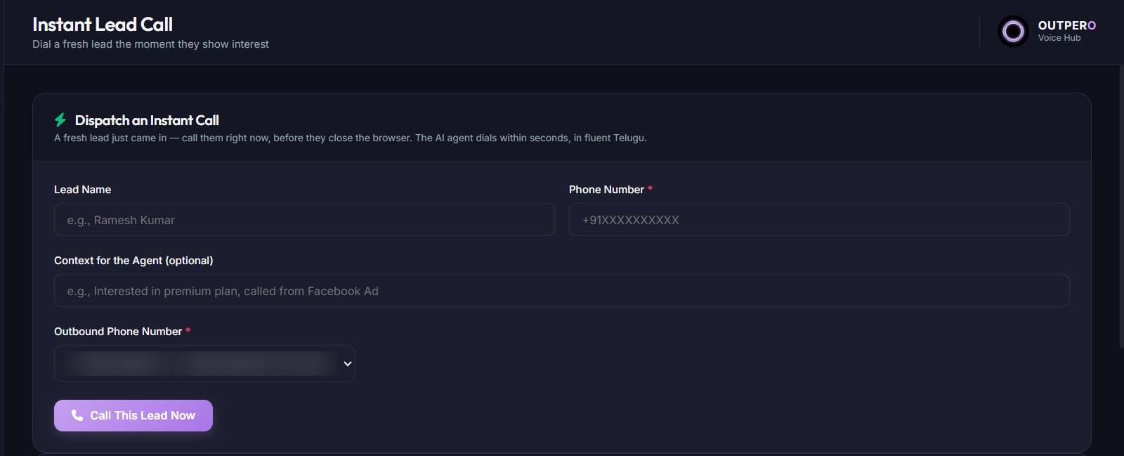 Outpero instant lead calling dashboard showing incoming leads and the seconds elapsed before each was called